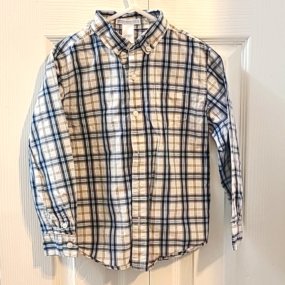 Janie and Jack Size 5T white and blue/tan button up shirt.